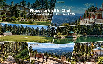 Places to visit in Chail featuring scenic forests, a lake, mountain views, walking trails, and peaceful picnic spots.