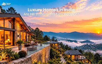 Luxury home in India overlooking scenic hill station mountains at sunset, showcasing a modern hillside villa with panoramic views.