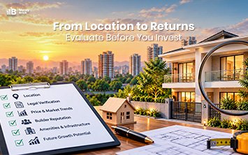 Residential property investment checklist featuring location, legal verification, market trends, builder reputation, amenities, and future growth potential, alongside a luxury home in a city at sunset.