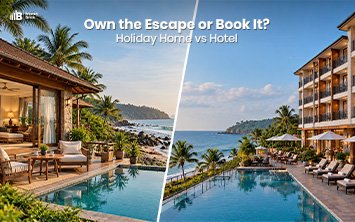 Holiday Home vs Hotel: split image of a villa with a pool and a seaside hotel with loungers
